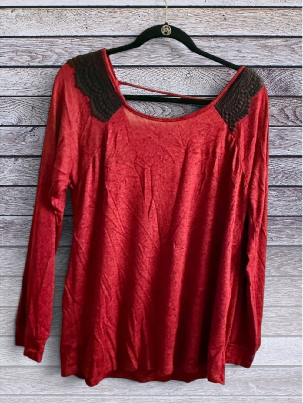 Twenty Second Burgandy Long Sleeve Blouse with Black Lace Detai 2X